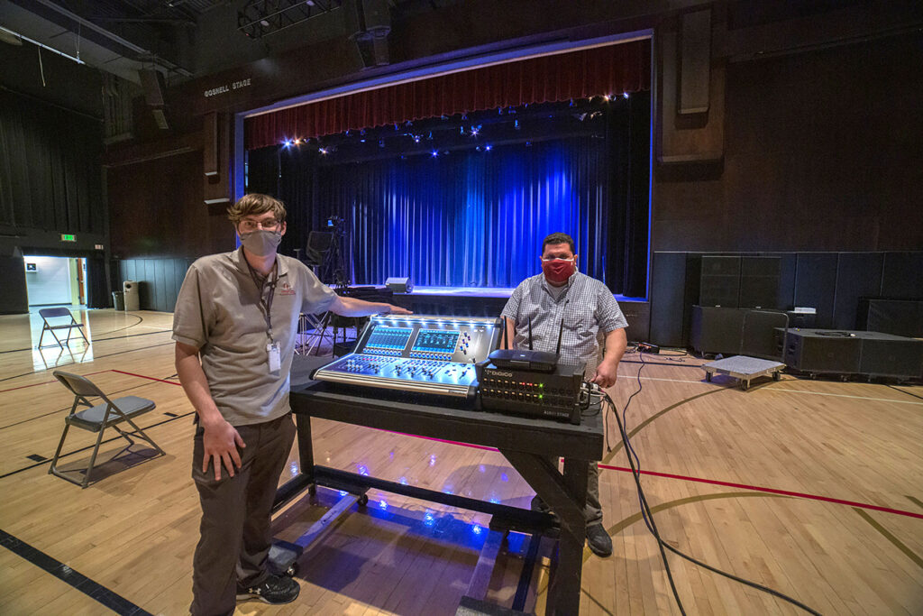 Oaks Christian School’s Jonathan Hagberg (left) and David Alexander (right) with the new DiGiCo S21 digital console in the school’s Bedrosian Pavilion
