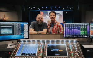 Watkinsville First Baptist Church Production Director Matt Hellems (left) and Worship Pastor Jason Dominey pictured with the DiGiCo SD12 96 console and computer screen displaying KLANG:app (right)