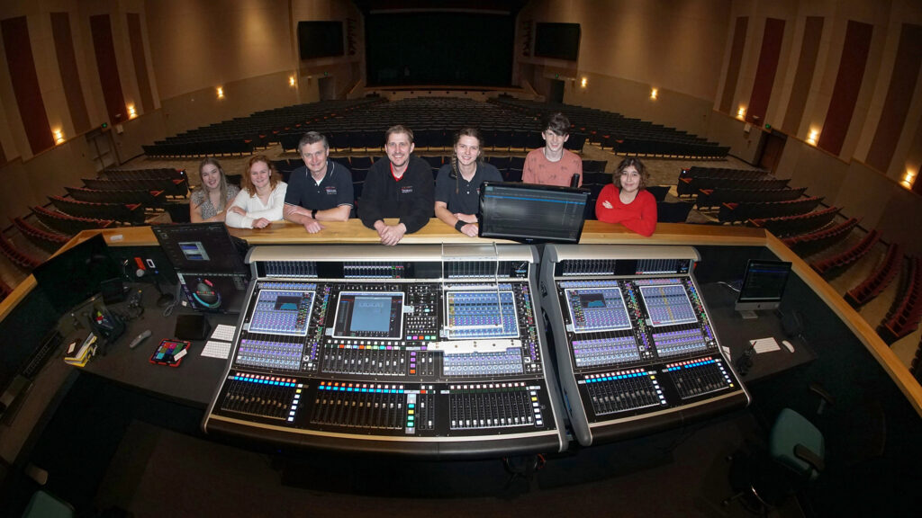 Lake Travis Performing Arts Center’s production team behind the venue’s DiGiCo Quantum7 and computer display running KLANG:app (left of console)